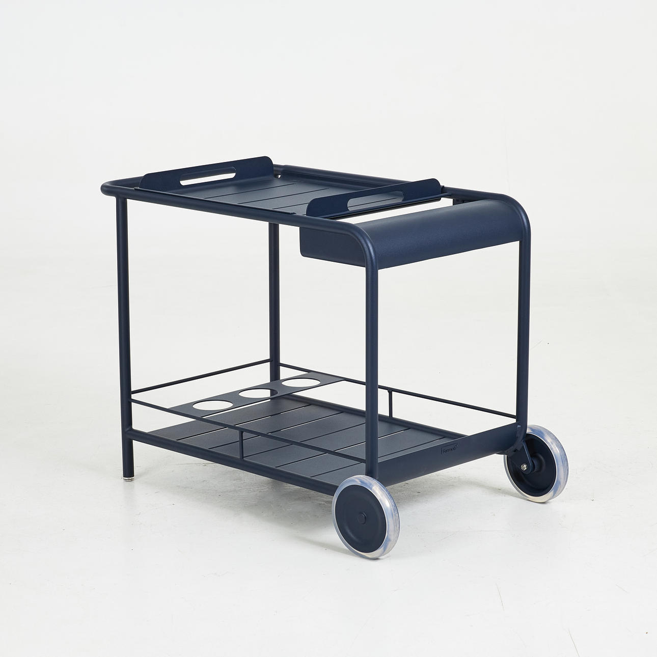 SERVING TROLLEY, “Luxembourg Side Bar”, design Frédéric Sofia for Fermob, powder coated metal, dark blue, removable tray.