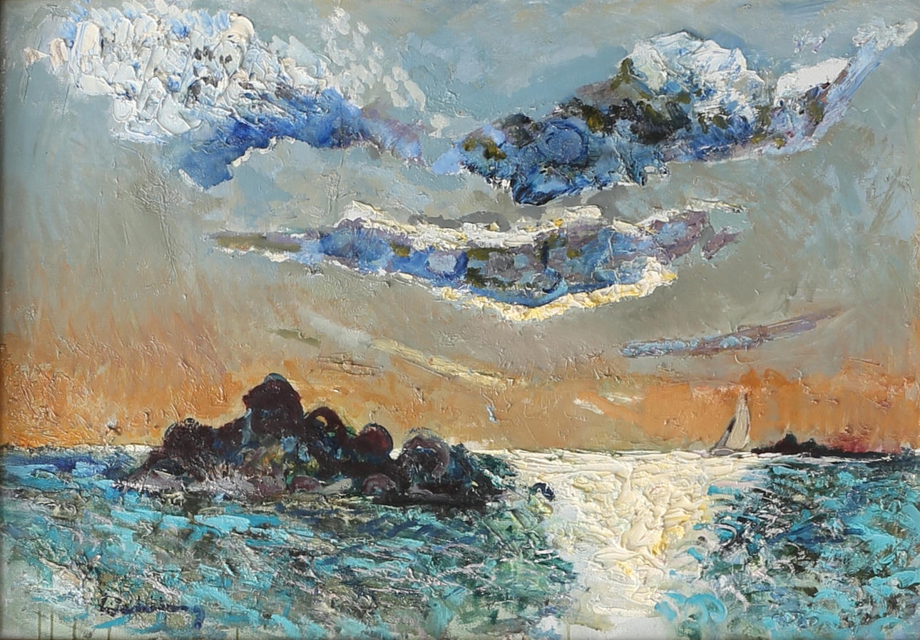 BERTIL WAHLBERG. Kustlandskap med segelbåt. Olja på duk, signerad.