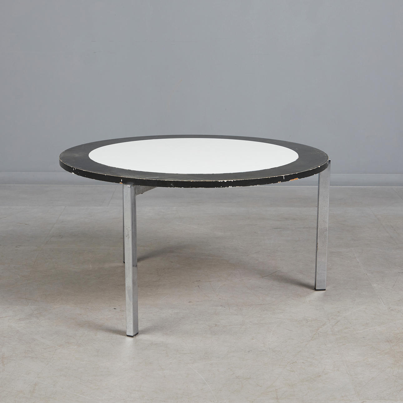 Round coffee table, chrome, chipboard, 1970s.