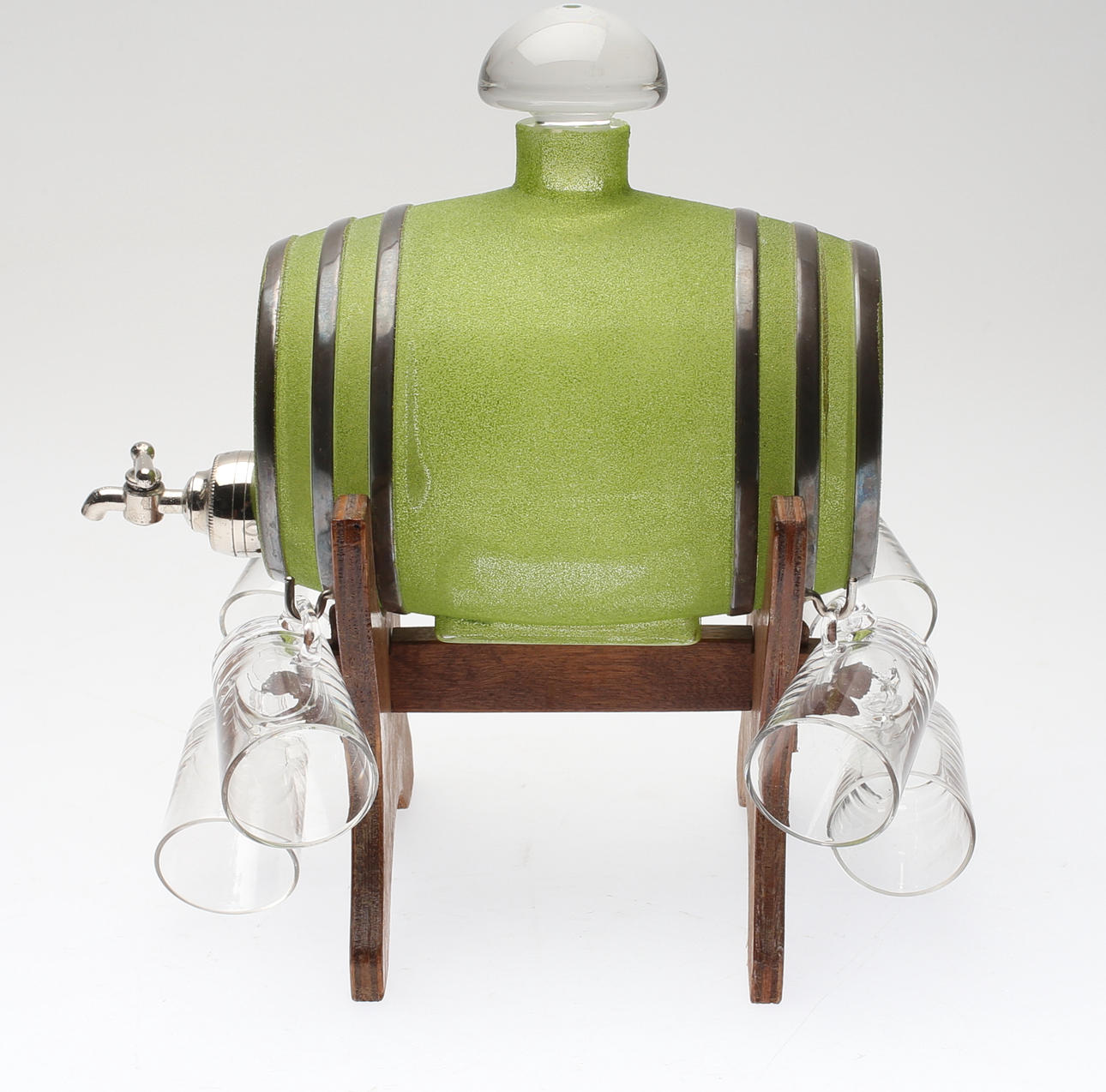 TUNNA med 6 st SHOTGLAS, glas, trä samt metall, 1900-tal.