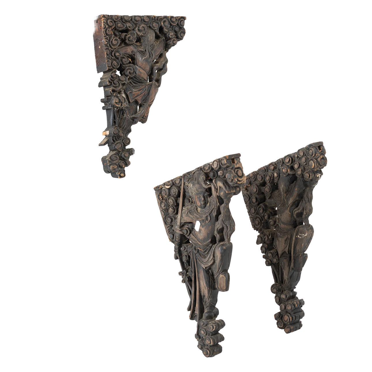 SHELF BRACKETS, 3 pcs, cut decor with figural elements.