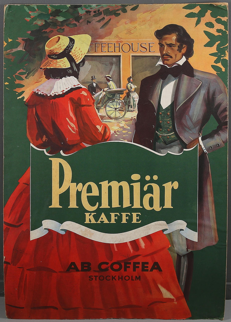 REKLAMSKYLT, papp, "Premiär Kaffe", AB Coffea, Stockholm, 1900-talets första hälft.
