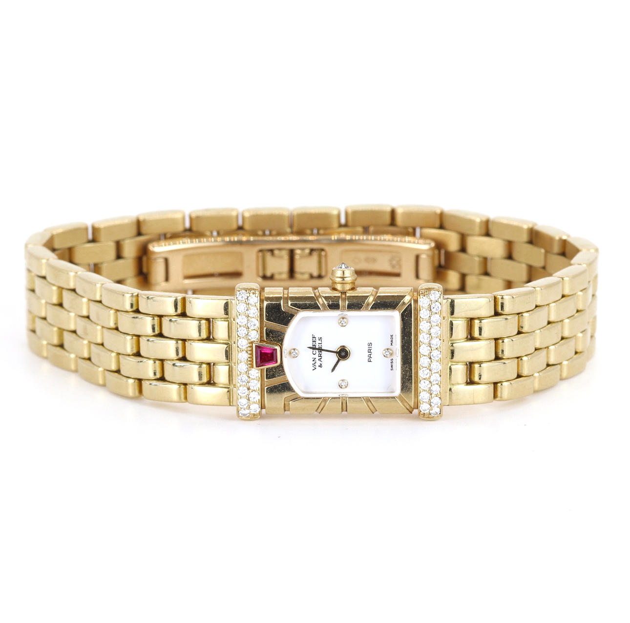 VAN CLEEF & ARPLES 18K GOLD RUBY & DIAMOND SET LADIE'S WATCH.