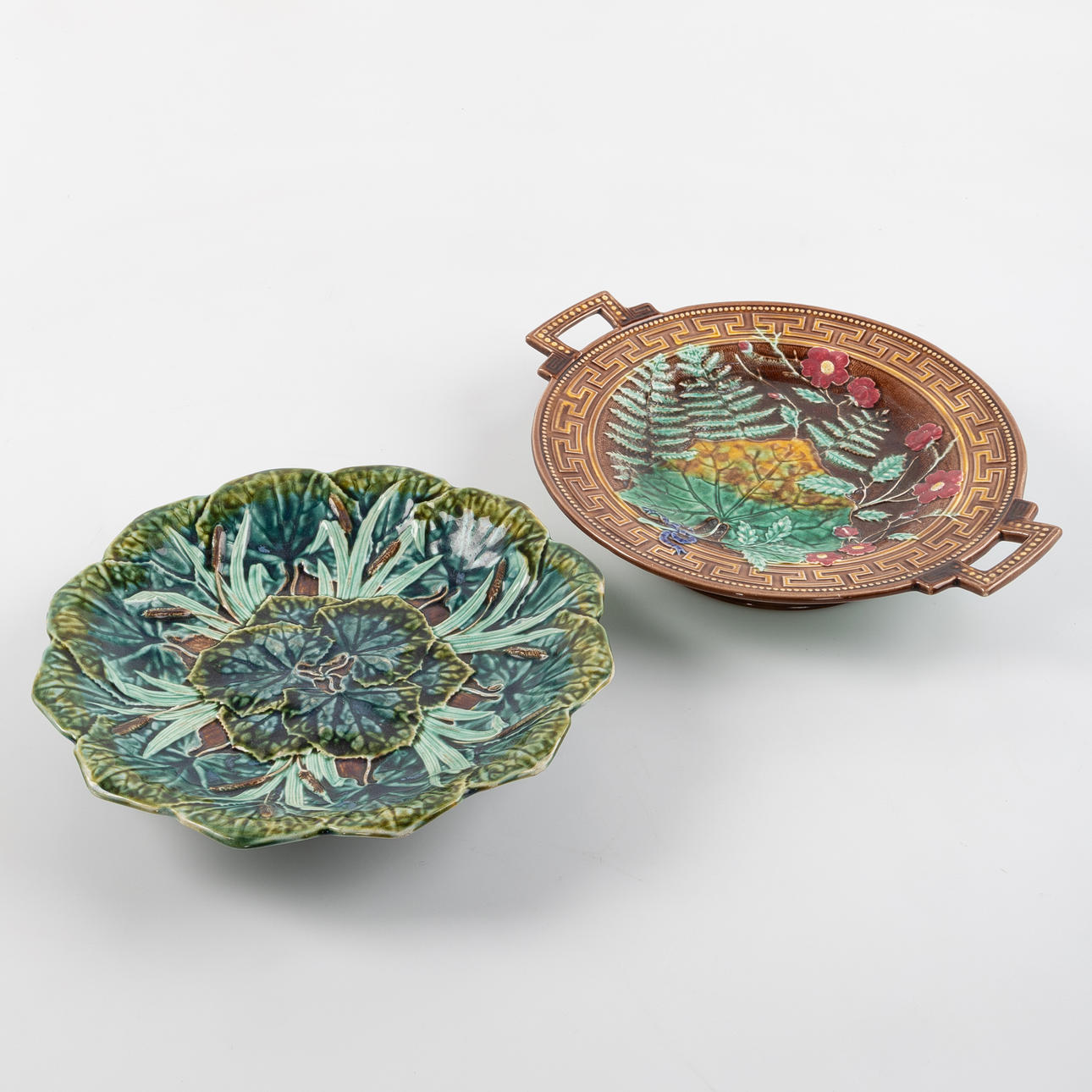 Two Gustavsberg majolica platters, 1880s.
