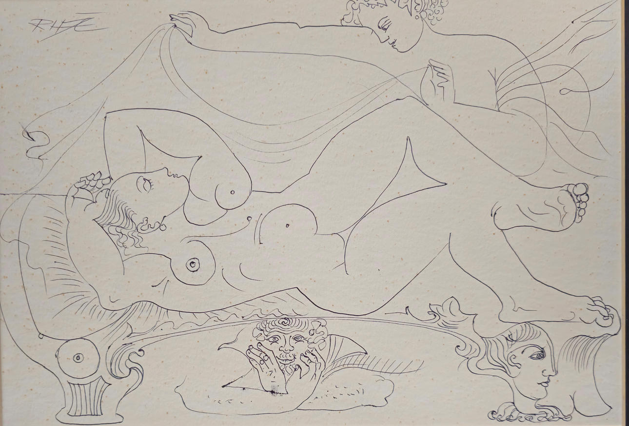 RECLINING VENUS. PEN ON PAPER. SIGNED “KHE”.