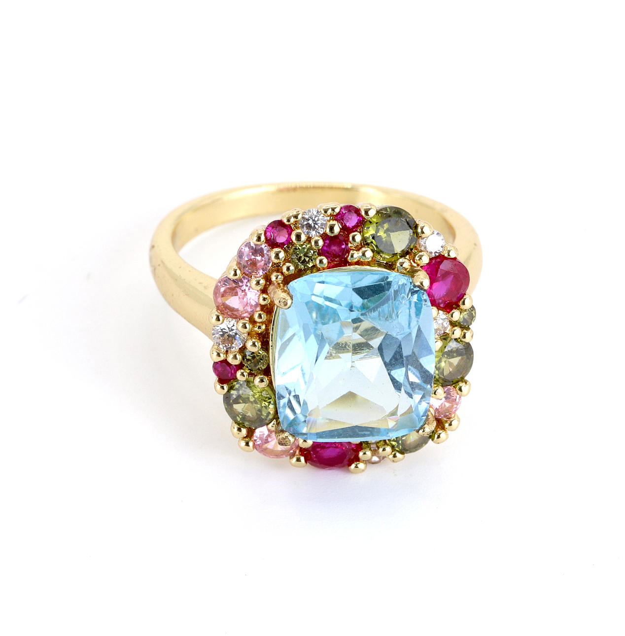 SILVER GILT GEMSTONE SET RING.
