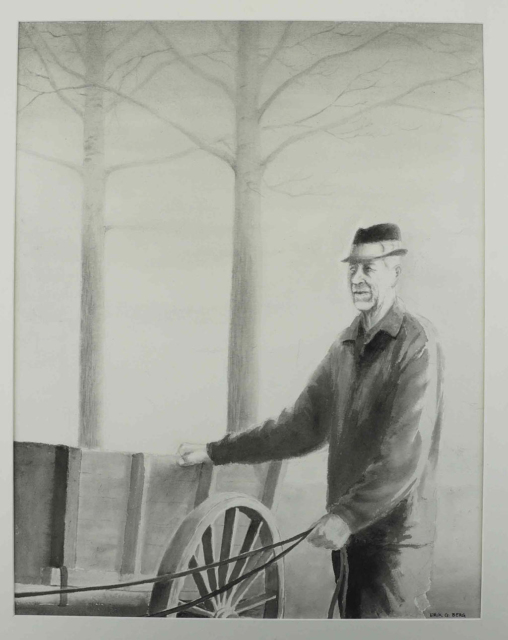 ERIK GUSTAV BERG (1935-2025). tuschlavering, "Bonde med kärra", signerad.