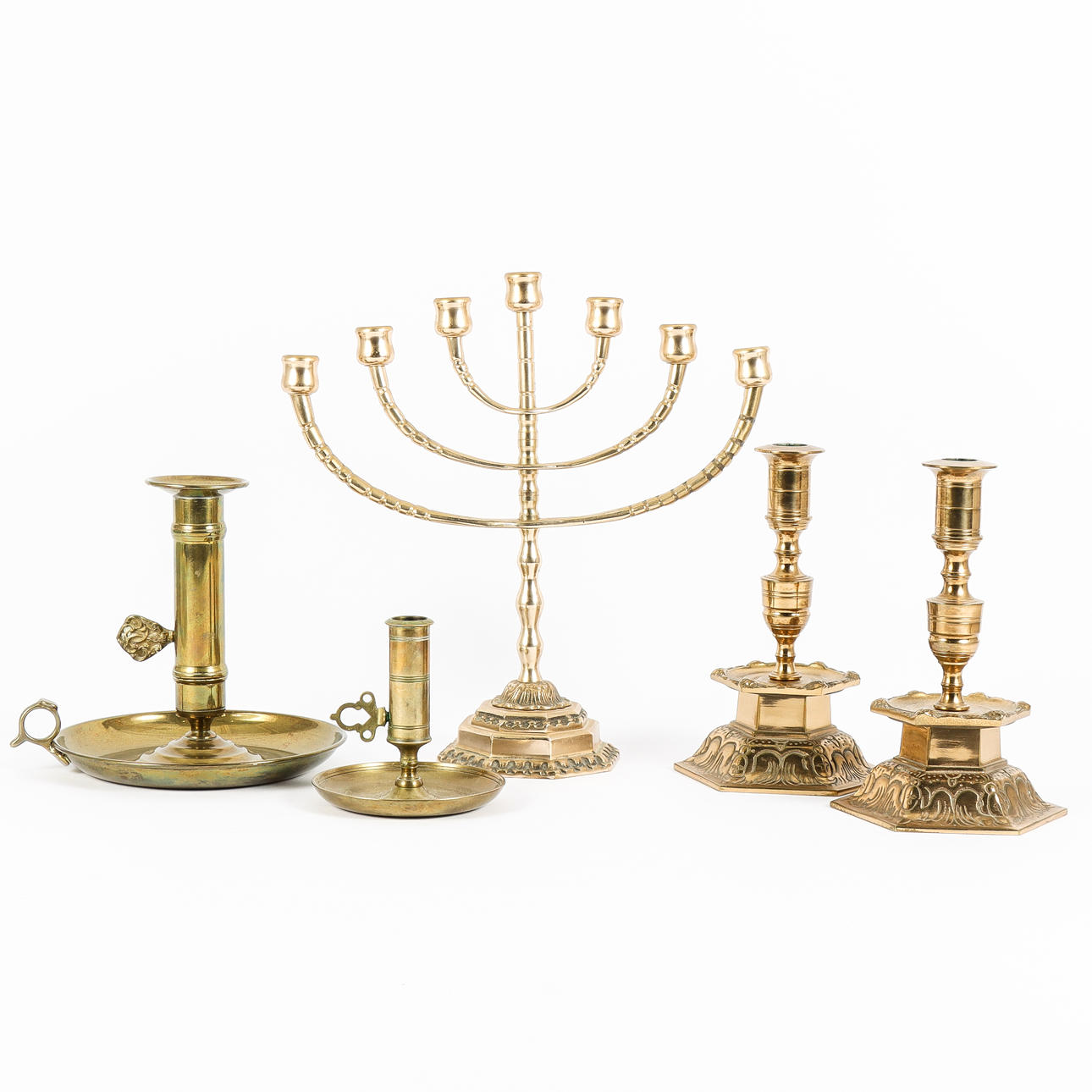 CANDLESTICKS 5 pieces, brass.