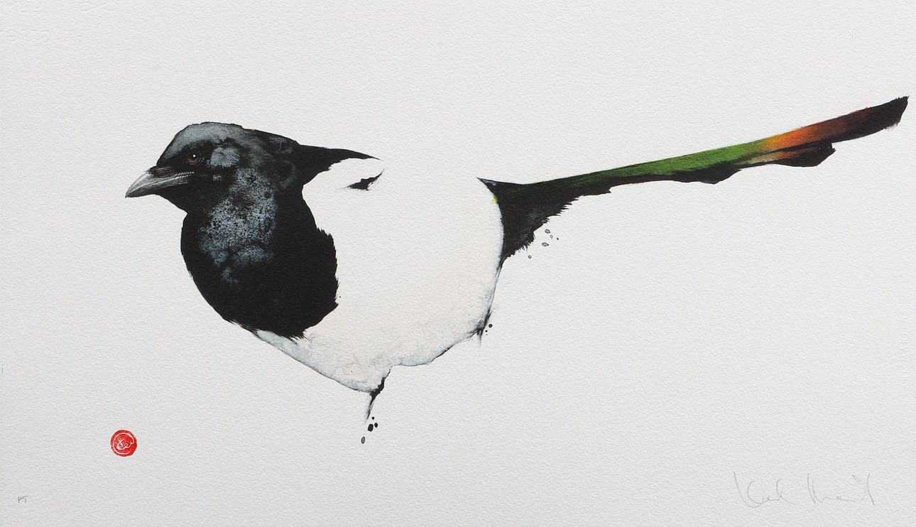KARL MÅRTENS. Magpie, lithograph in colours, signed, sample print.