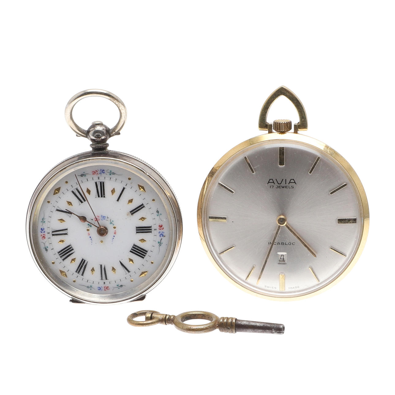 A SILVER CONTINENTAL FOB WATCH, AND A GOLD PLATED POCKET WATCH. Clocks ...