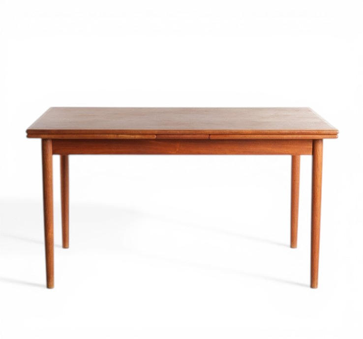 Rectangular teak dining table, plate with Dutch extraction, set on round tapered legs. Denmark, 1960s.