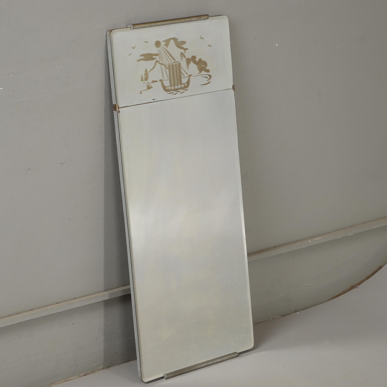 A mirror, etched glass, 1930s/40s.