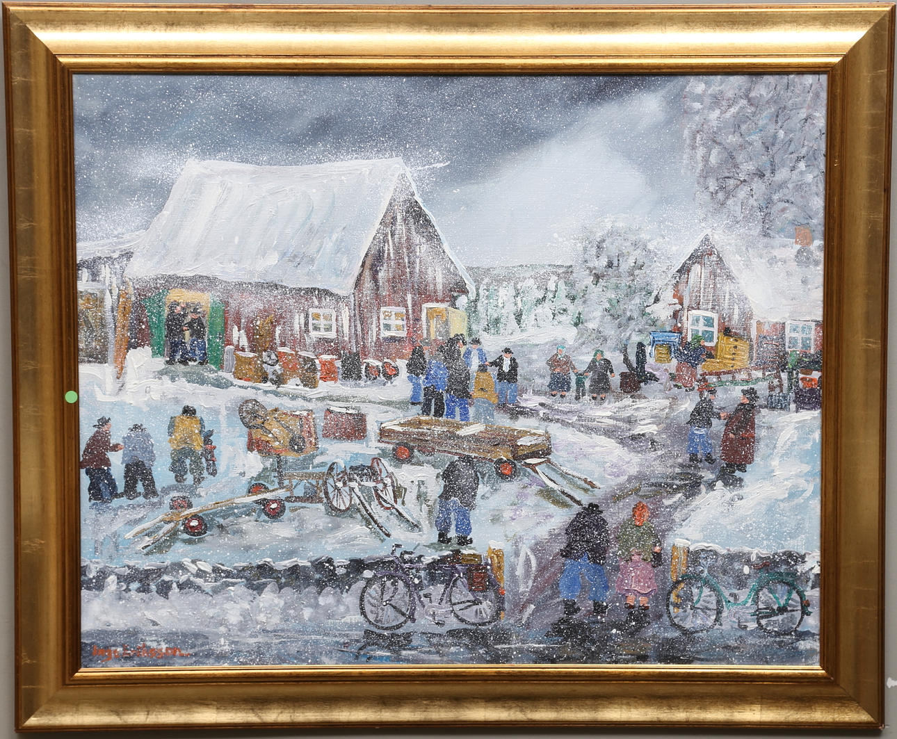 INGE ERIKSSON. "Smålandsauktion i härligt vinterväder". Olja på duk, signerad och daterad a tergo 1991.