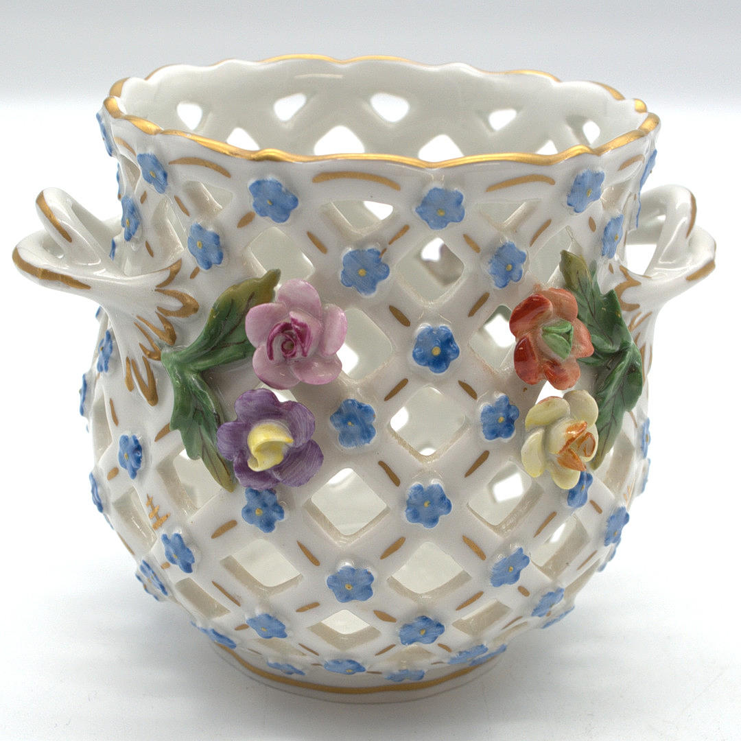 DRESDEN PORCELAIN PLANTER PIERCED WORKED WITH FLOWERS.