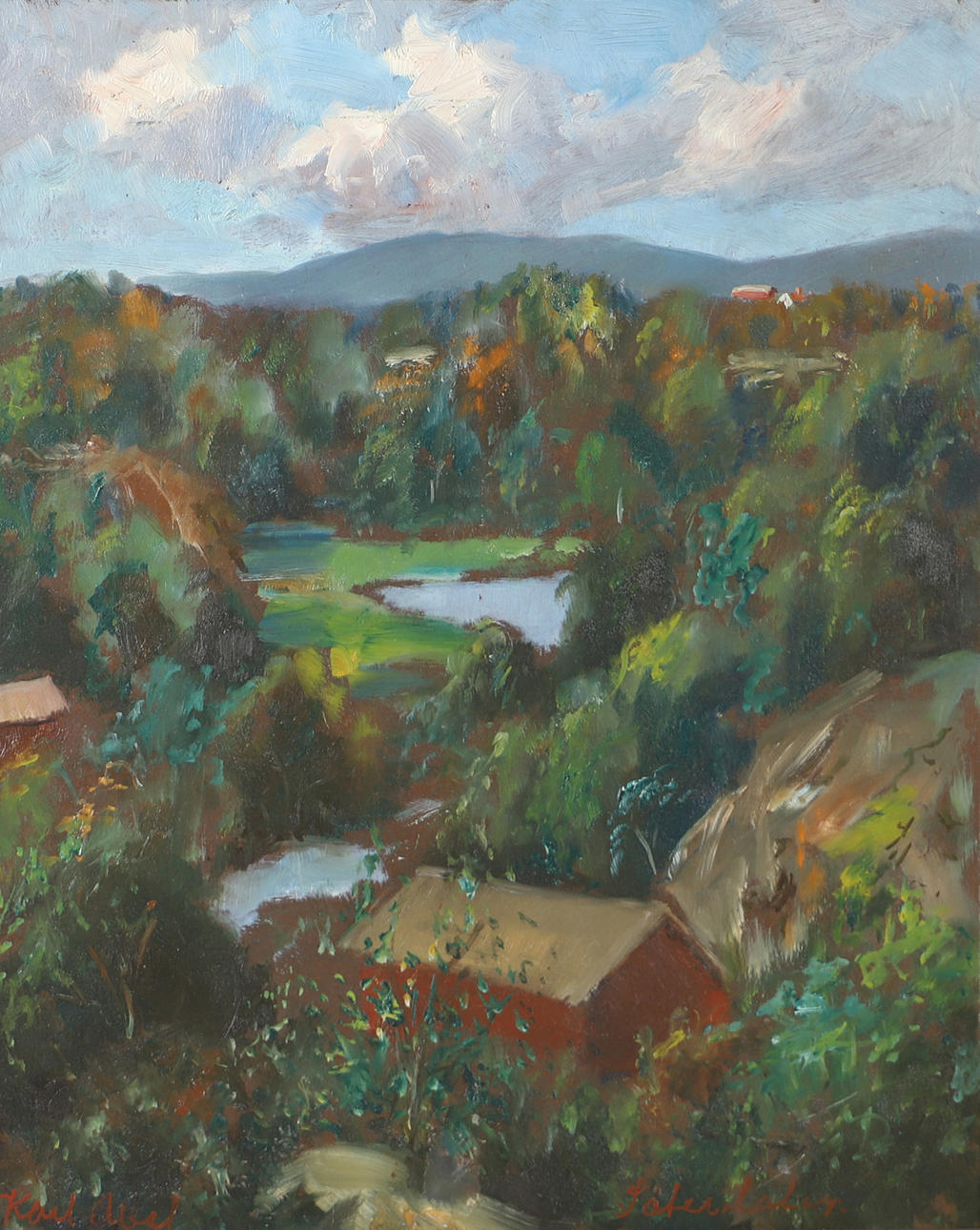 KARL ABEL. Forest plot with house, oil on panel, signed.