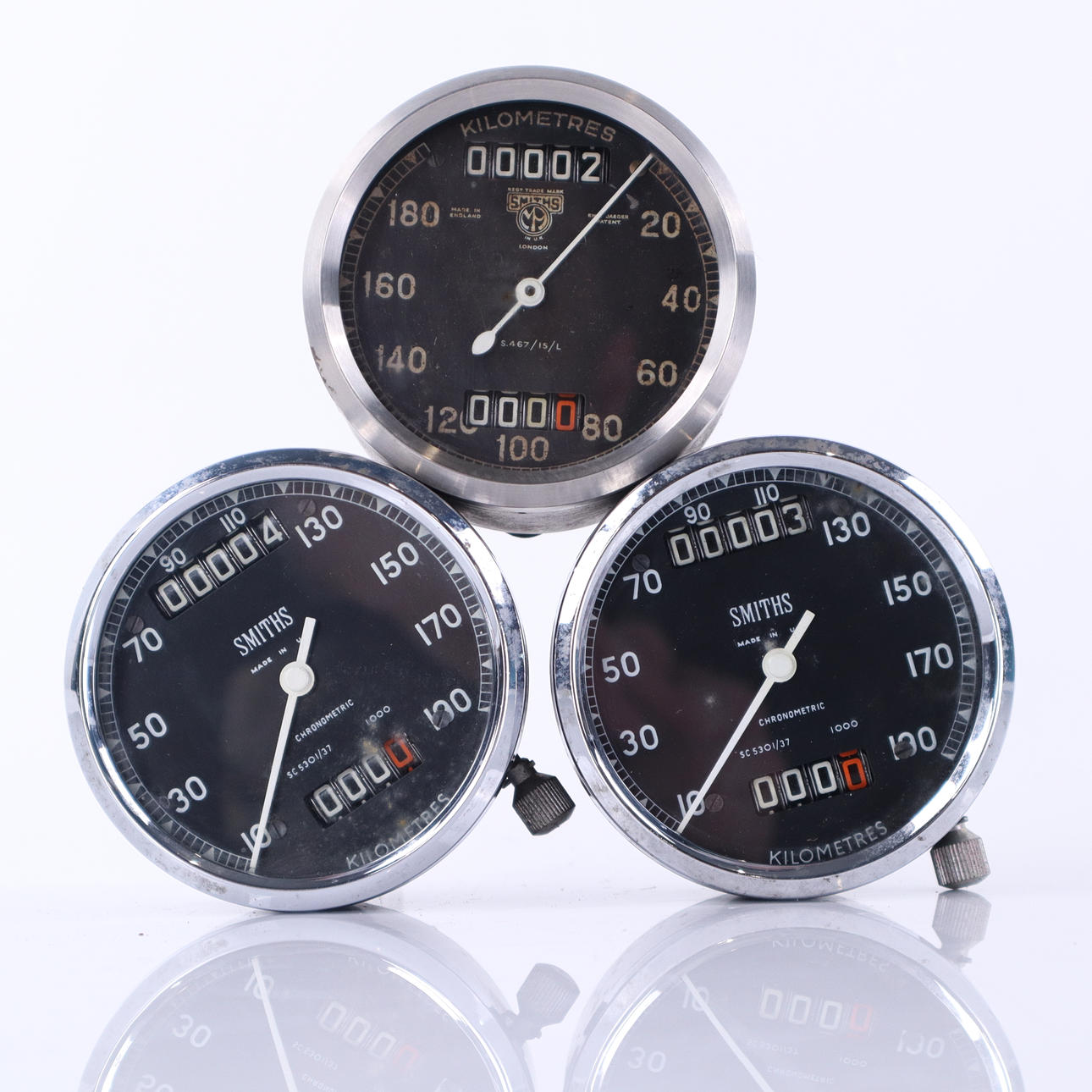 SMITHS, 3 speedometers, 1940s/50s, England.