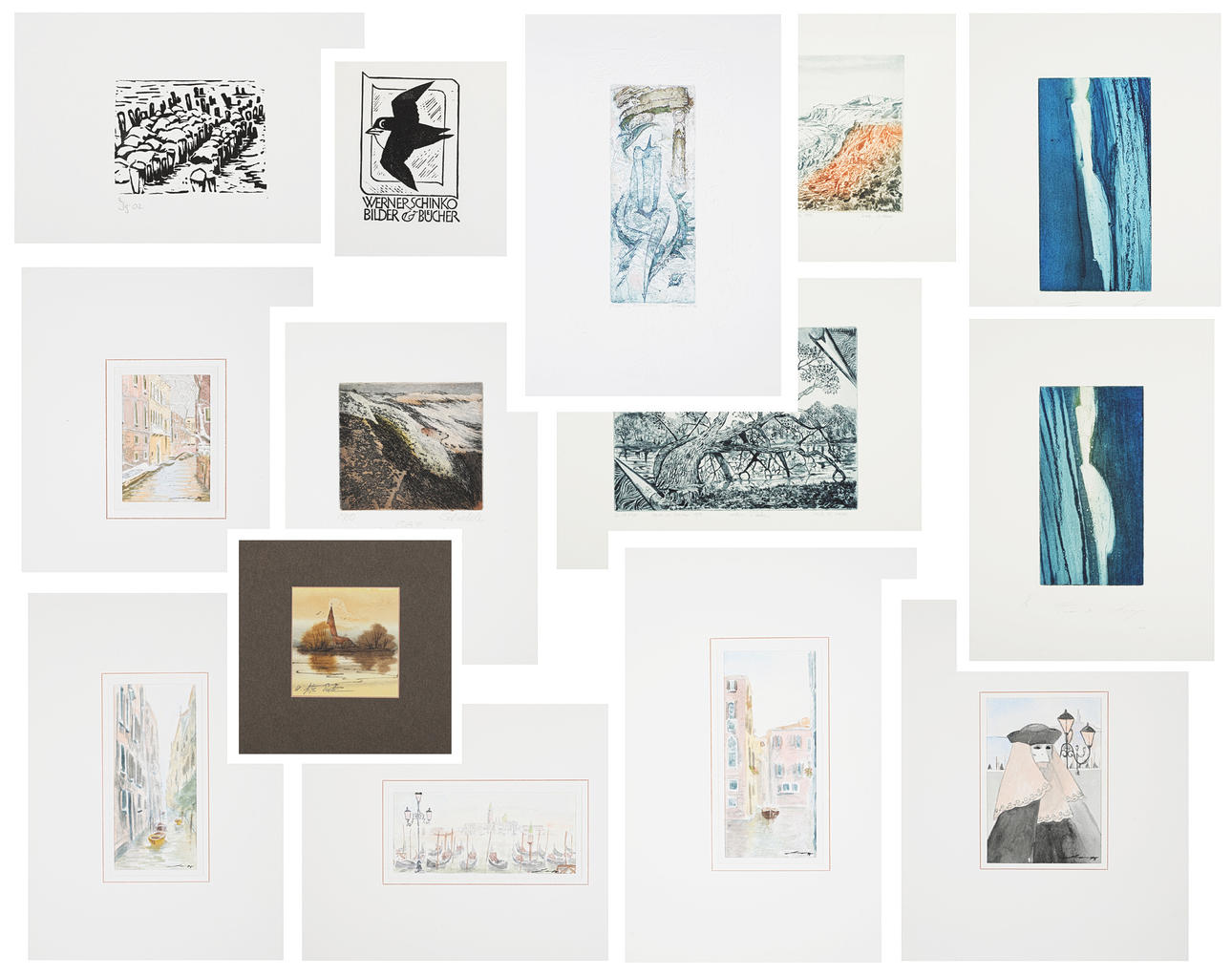 14-DELAD SAMLING AV KONSTNÄRLIGA VERK. grafik+akvareller.