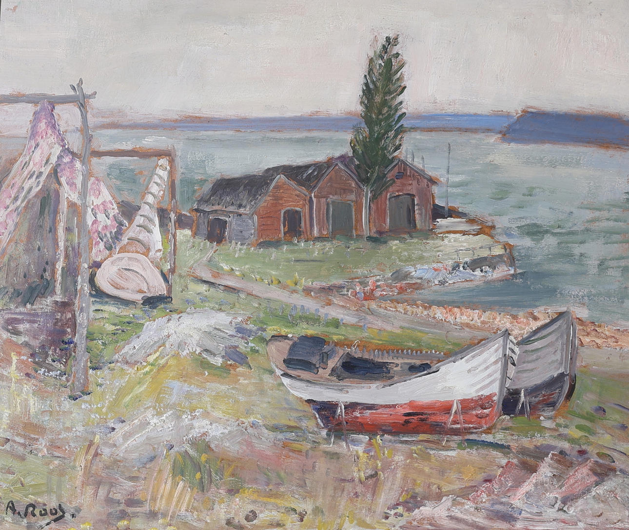 ALEXANDER  ROOS. Oil on panel, boathouses, signed.