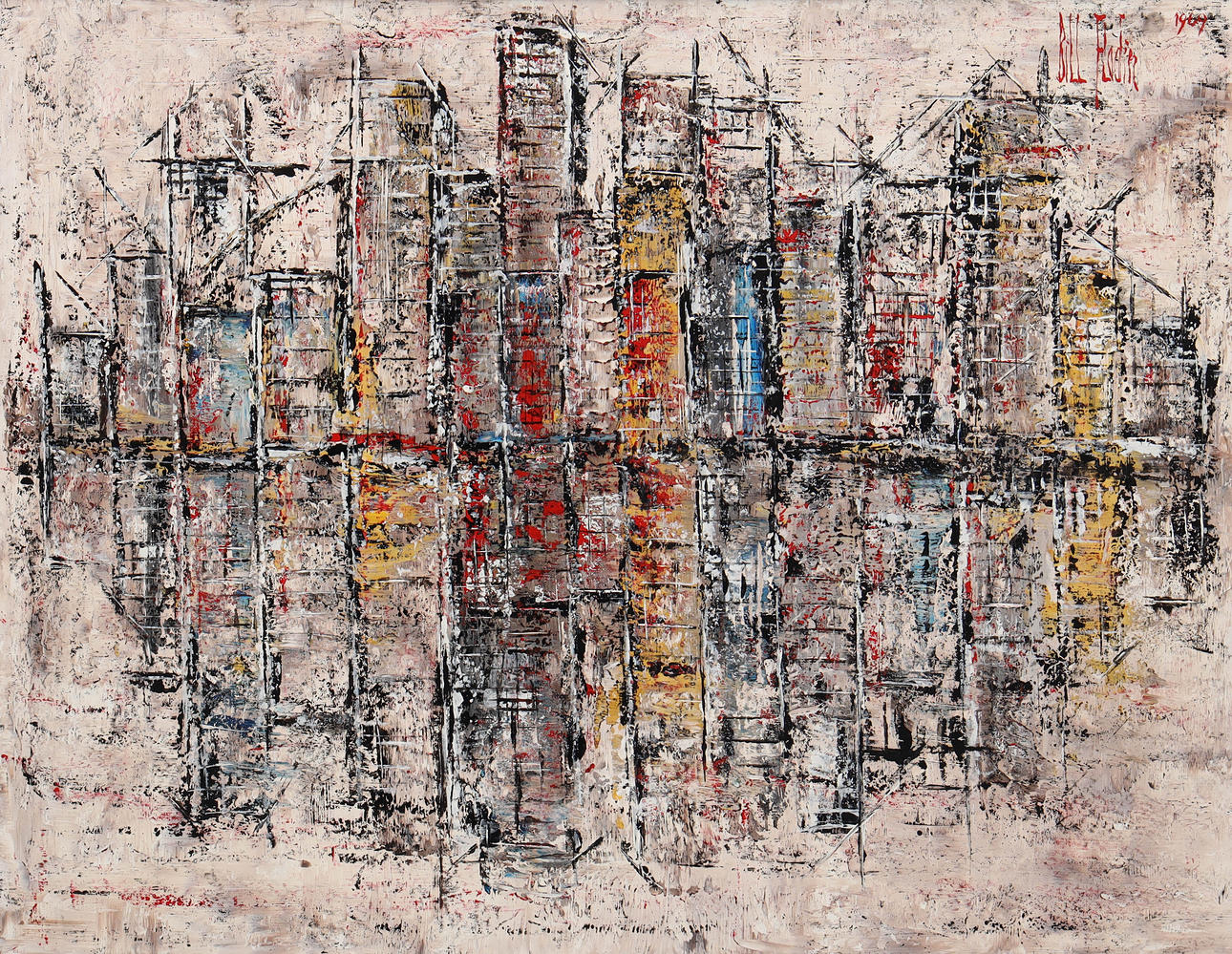 BILL FLODIN. oil on panel, “Mirroring City”, signed, dated 1969.