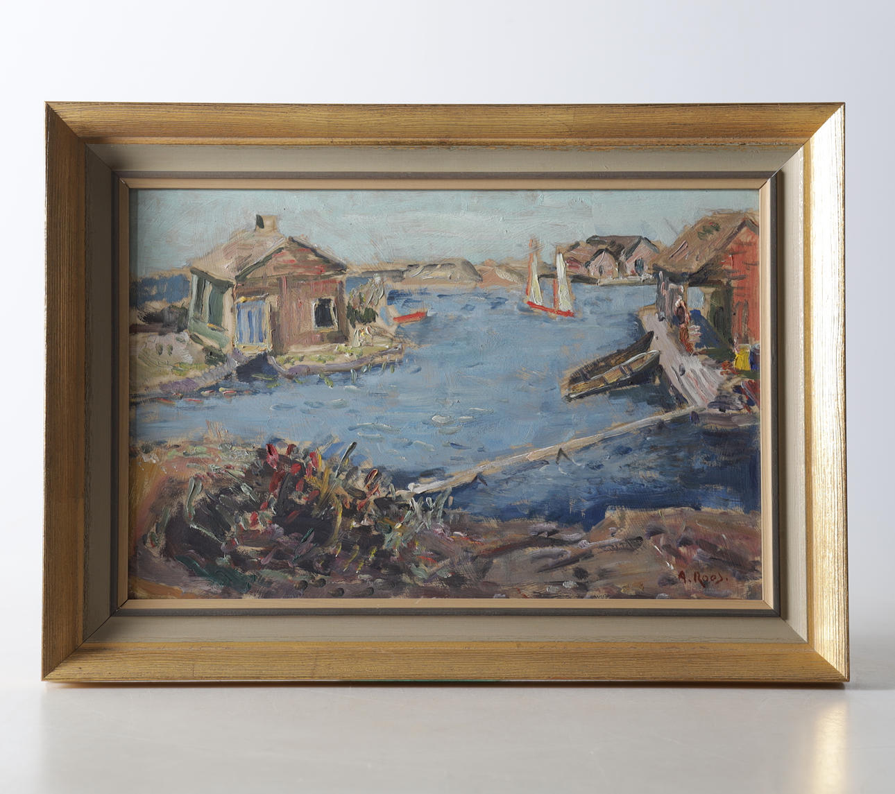 ALEXANDER  ROOS. Oil on panel, waterside sheds, signed.