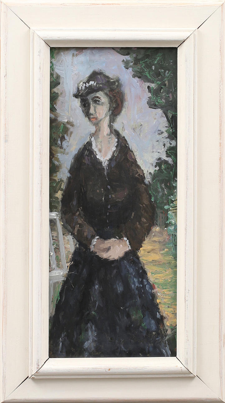 OIDENTIFIERAD KONSTNÄR. Kvinna i svart klänning med krås. Olja på pannå, bär signatur och daterad -56.