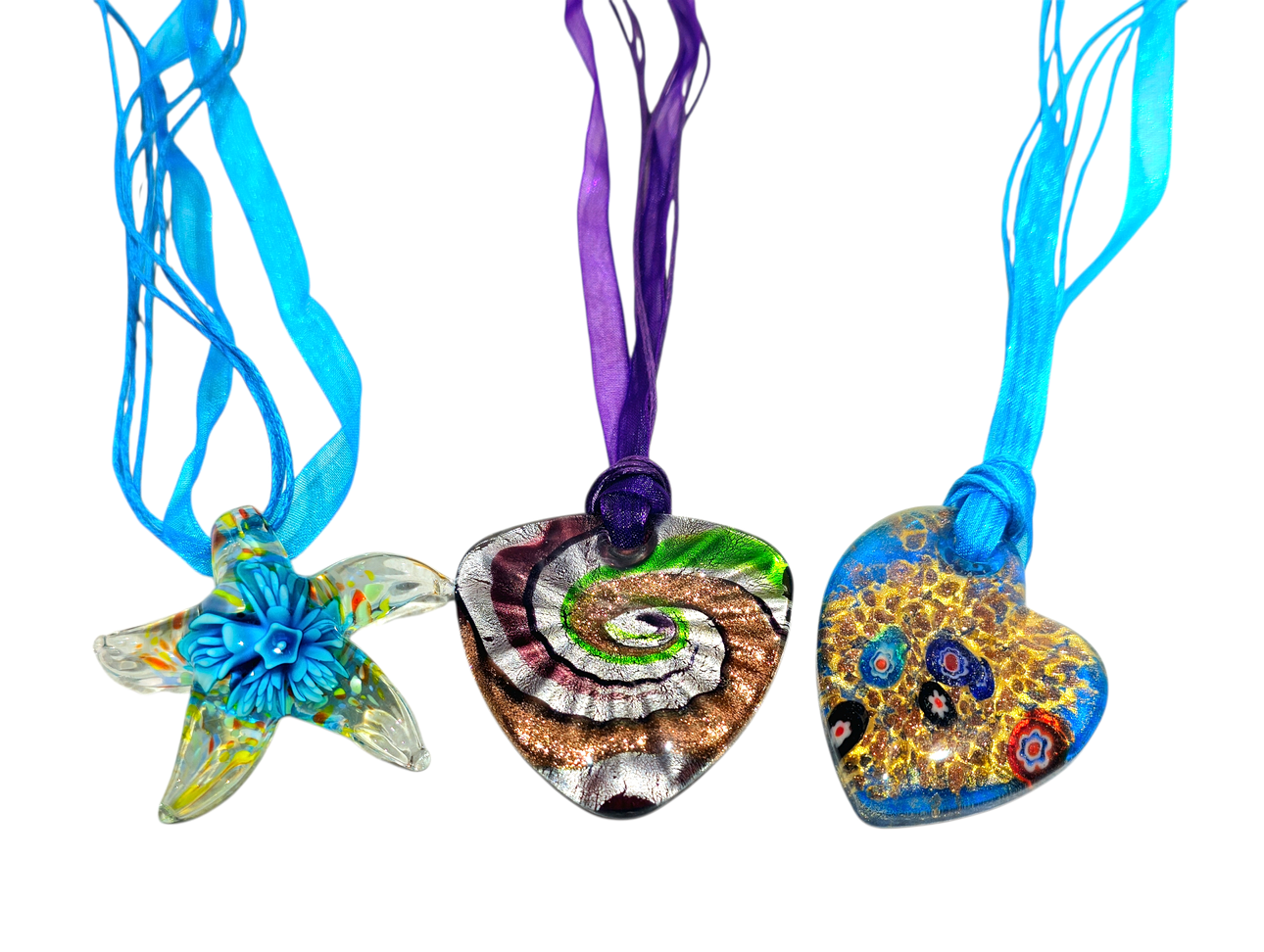 Three Murano glass necklaces with different motifs.