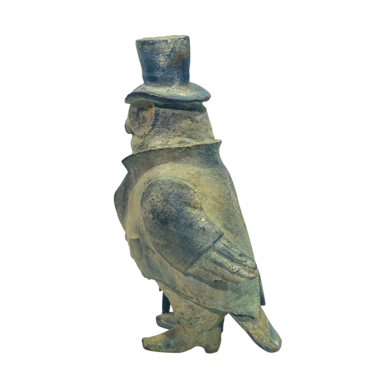 Owl figure in iron suit.