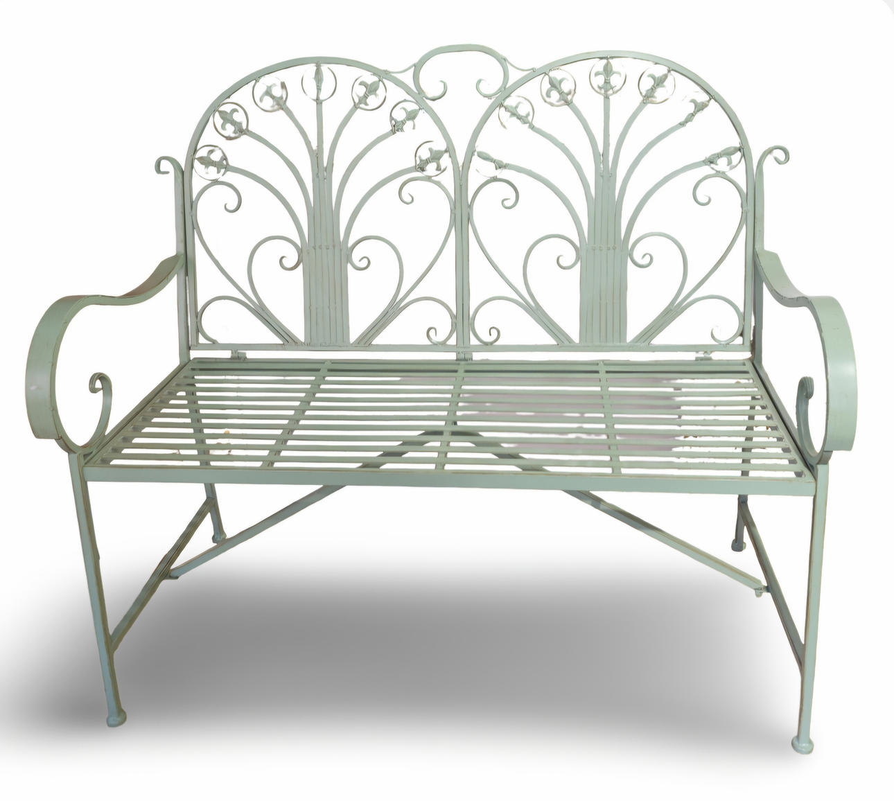 Green iron garden bench.