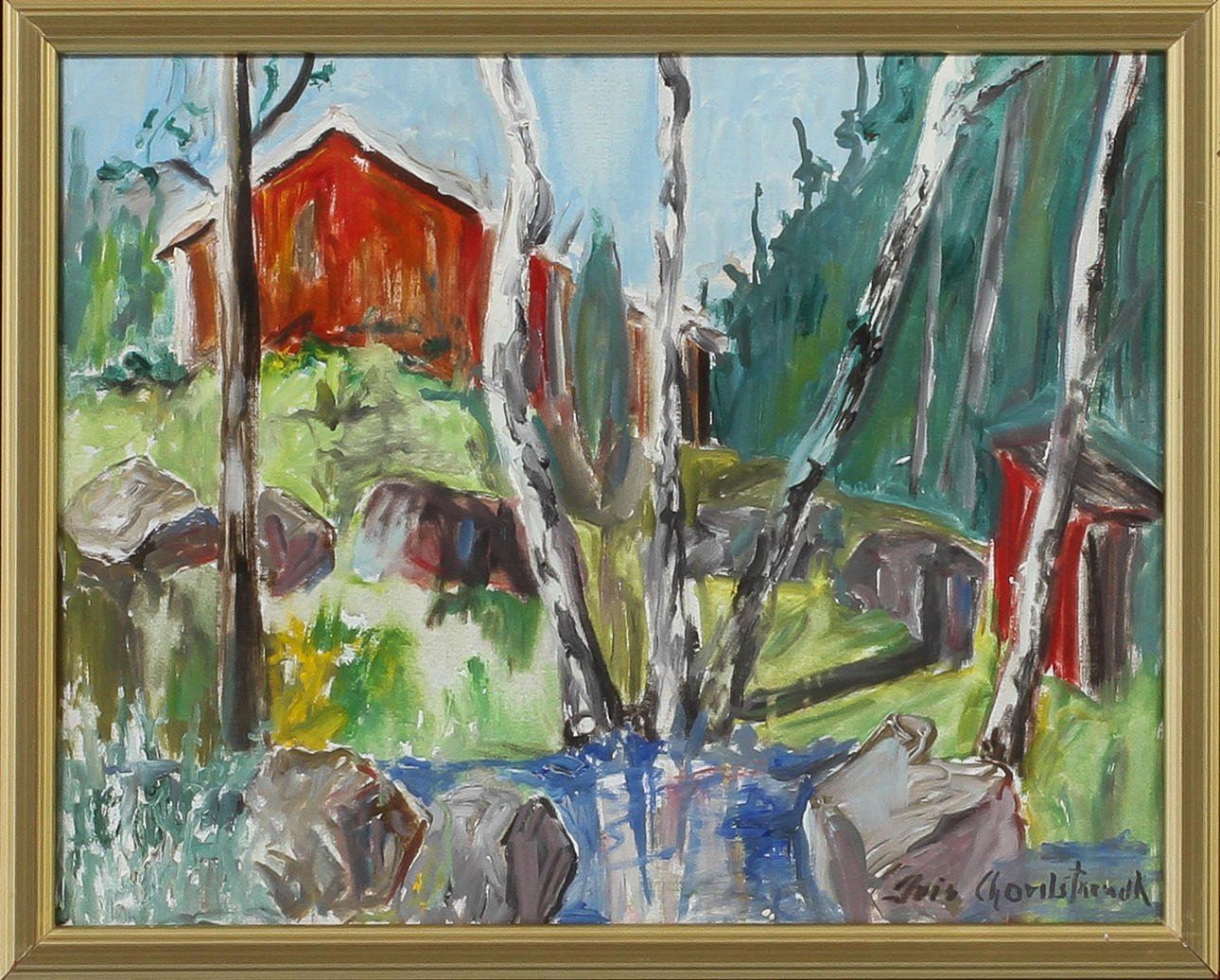 IRIS NORDSTRAND. Landskap med lada, olja på duk, sign.