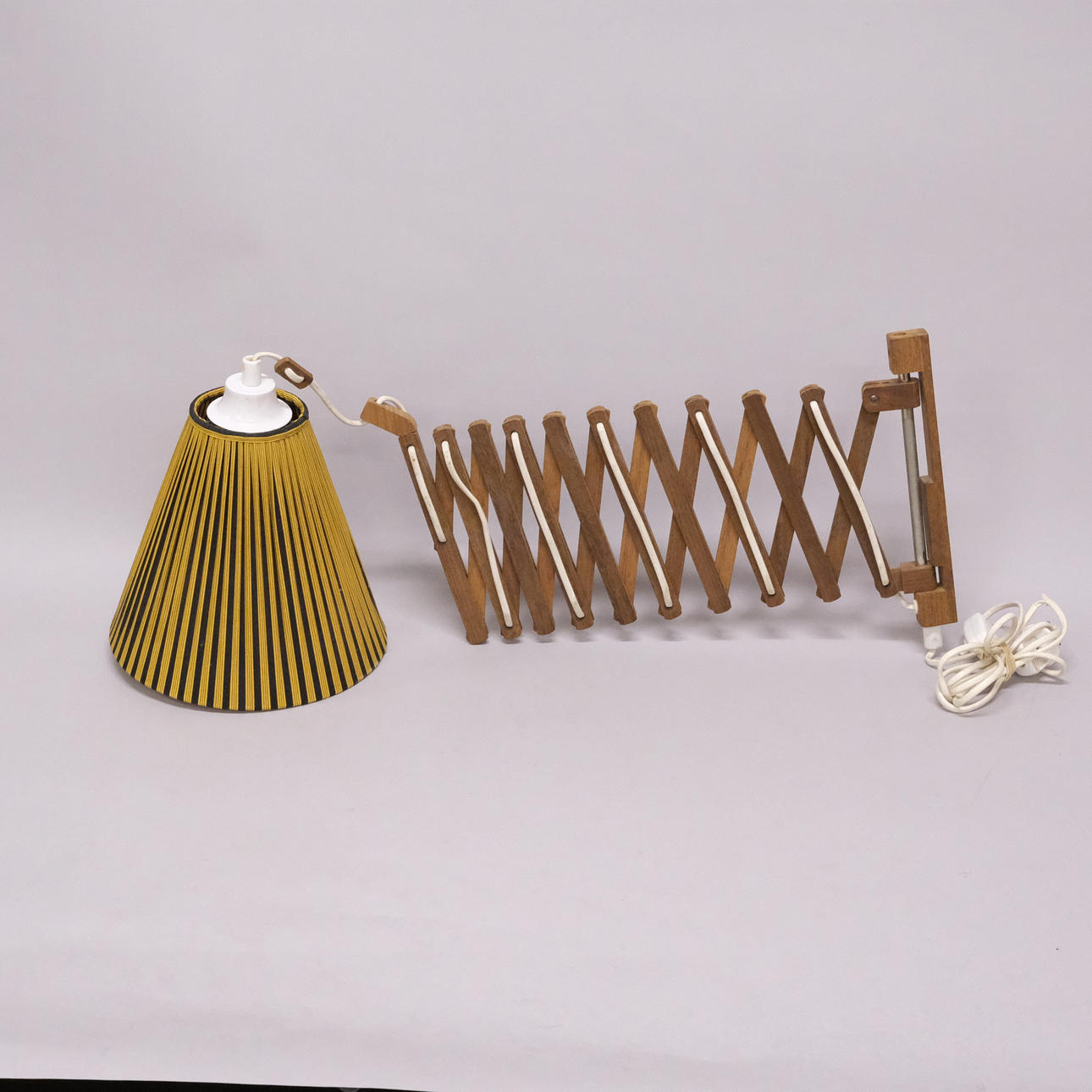 WALL LAMP, TEAK AND TEXTILE, 1960S.