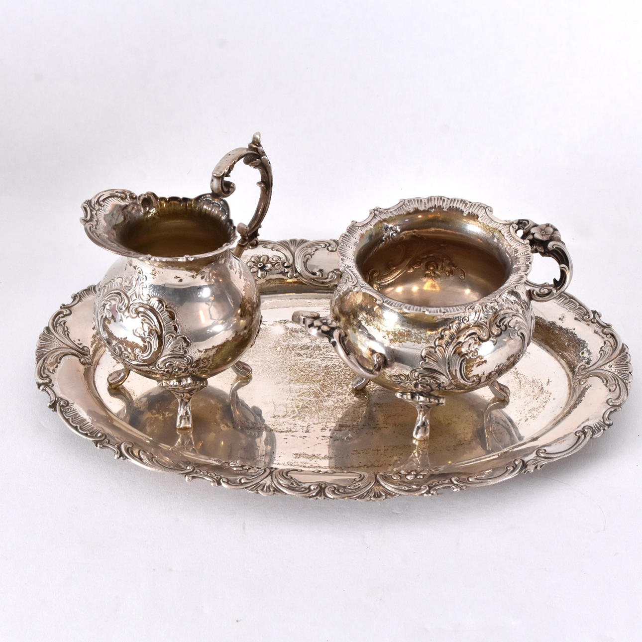 SOCKERSKÅL, GRÄDDKANNA SAMT BRICKA, silver, 1900-tal.