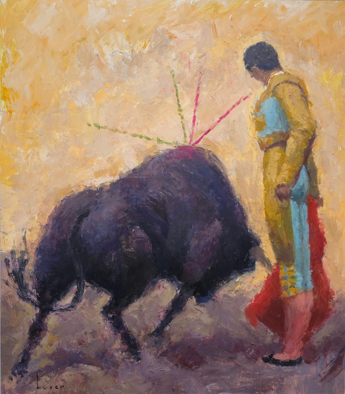 JOSE MARIA VAZQUEZ TUSER. BULL WITH BANDERILLAS AND BULLFIGHTER. OIL ON ...
