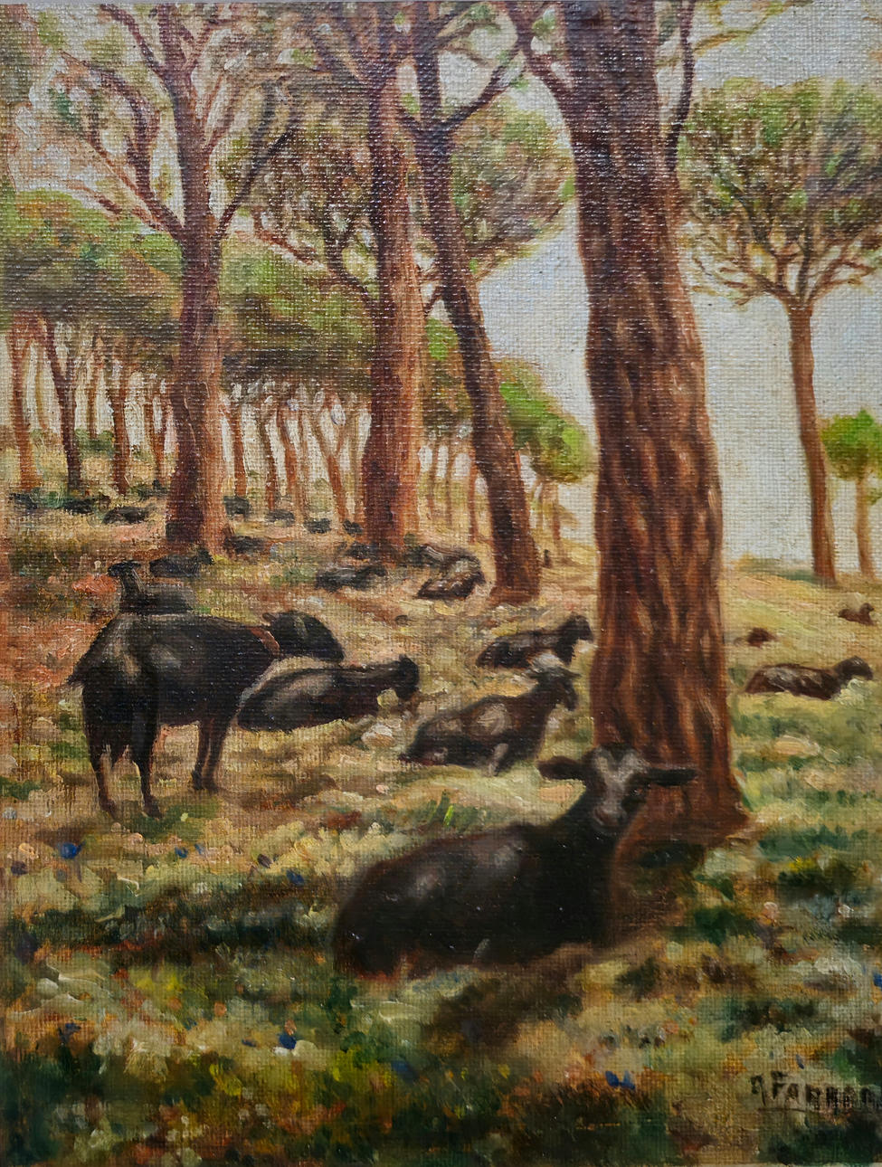 R FARRES. GOATS RESTING. OIL ON TABLETS.