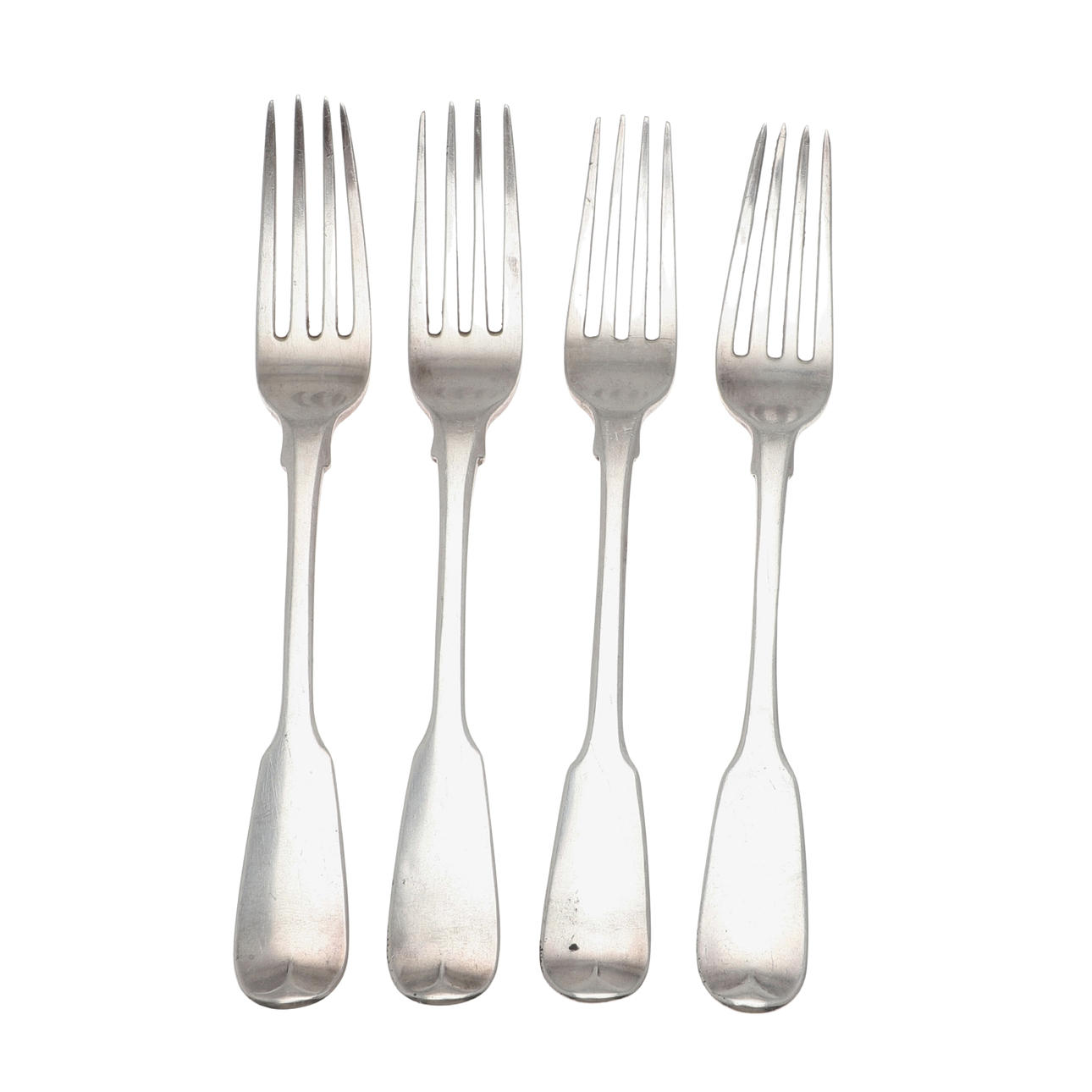 FOUR 19TH CENTURY SILVER FIDDLE PATTERN FORKS.