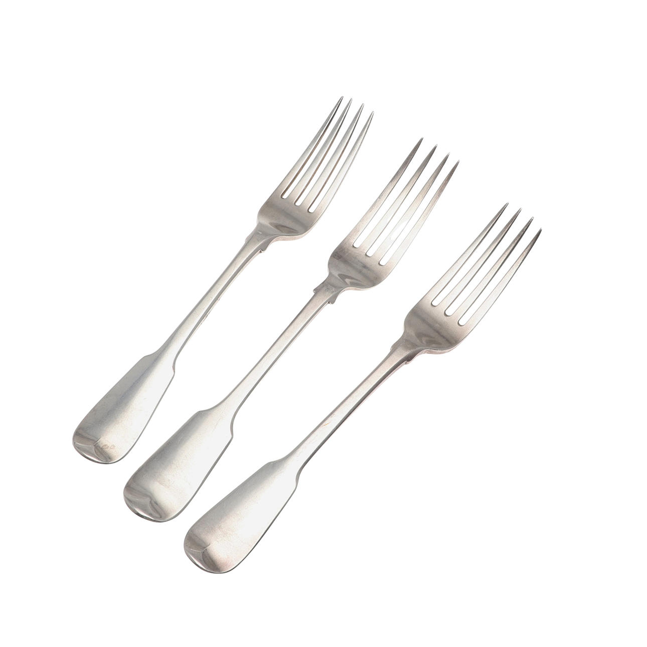 THREE 19TH CENTURY SILVER FIDDLE PATTERN TABLE FORKS.