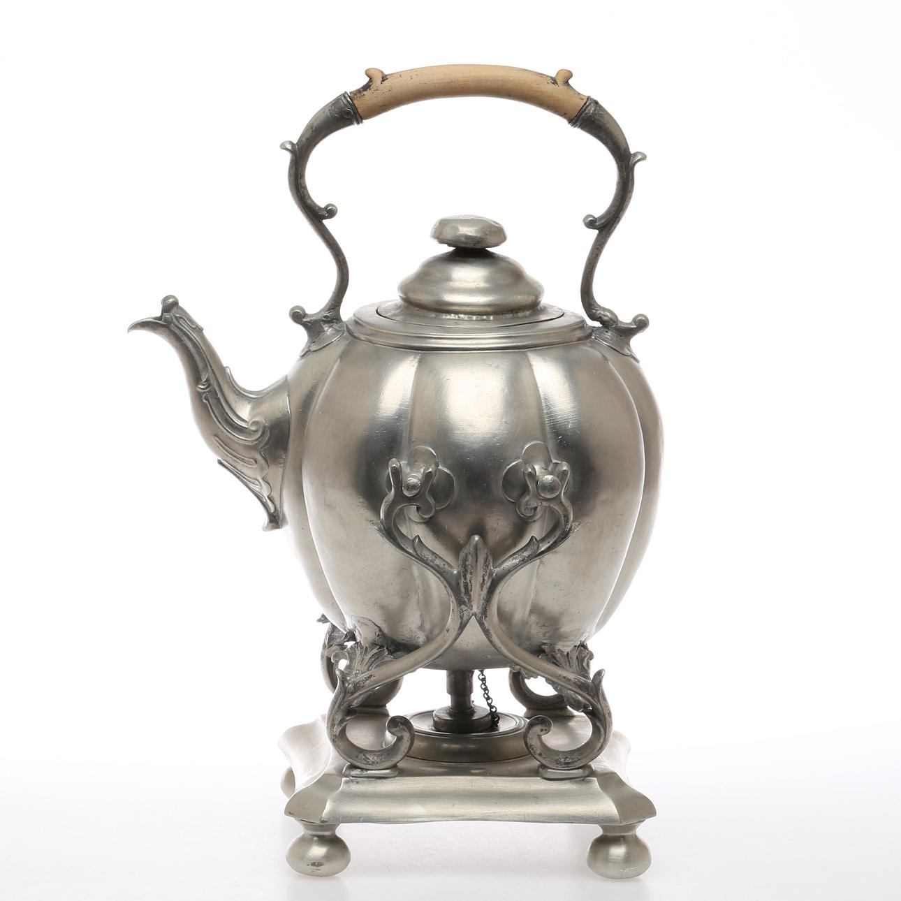 TEKANNA MED RECHAUD, tenn, R Broadhead & Co, Sheffield, 1800-tal.