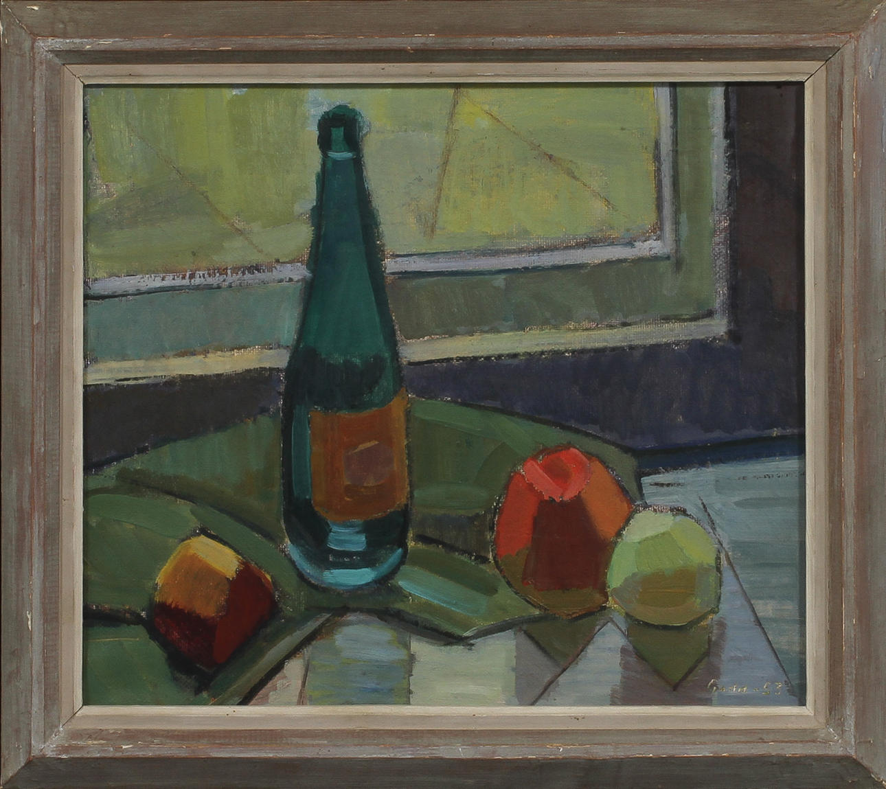 KARL AXEL GADD. Stilleben med flaska och frukter. Olja på duk, signerad och daterad -53.