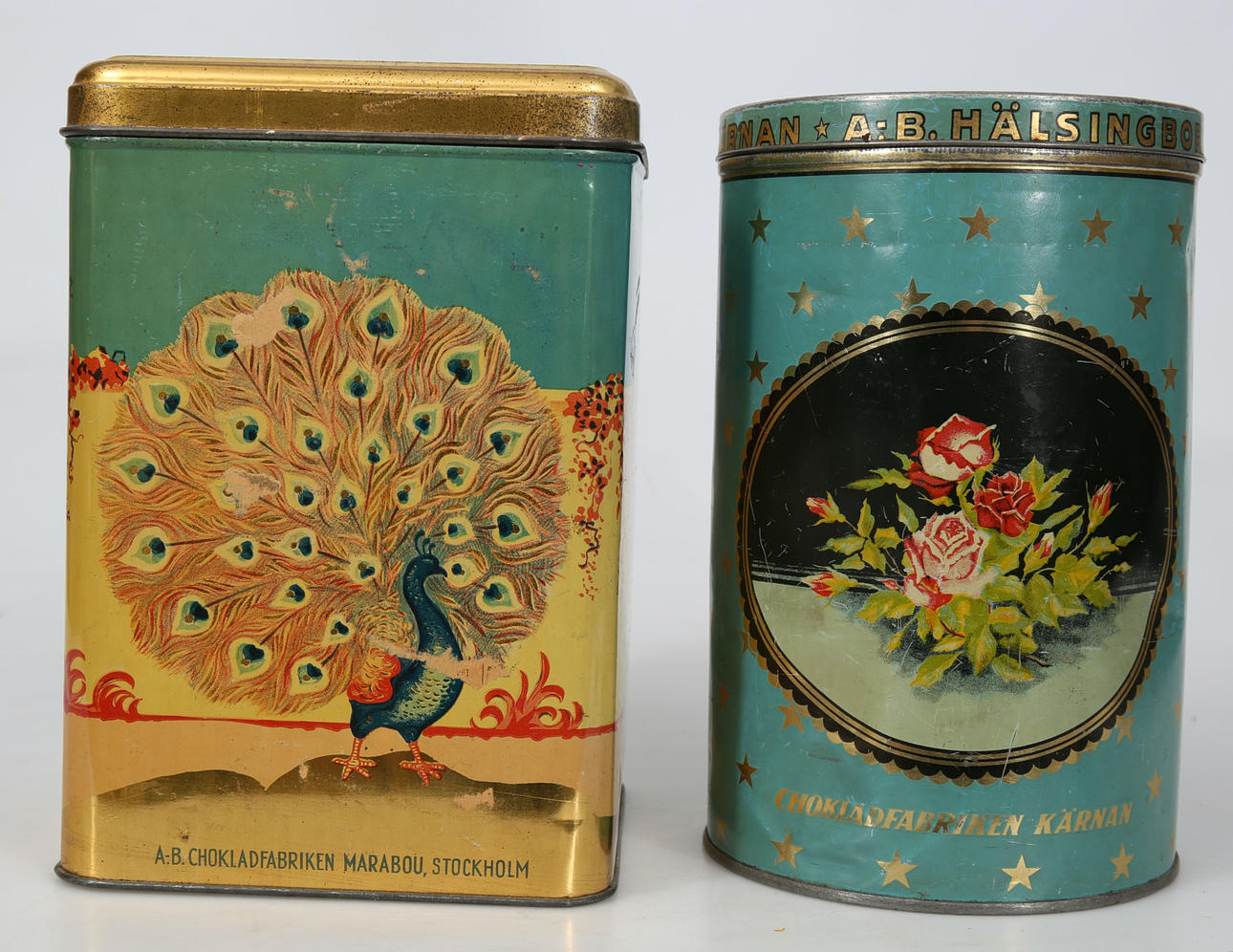 BURKAR, plåt, 2 stycken, Chokladfabriken Kärnan Hälsingborg och Marabou Stockholm, 1900-talets första hälft.