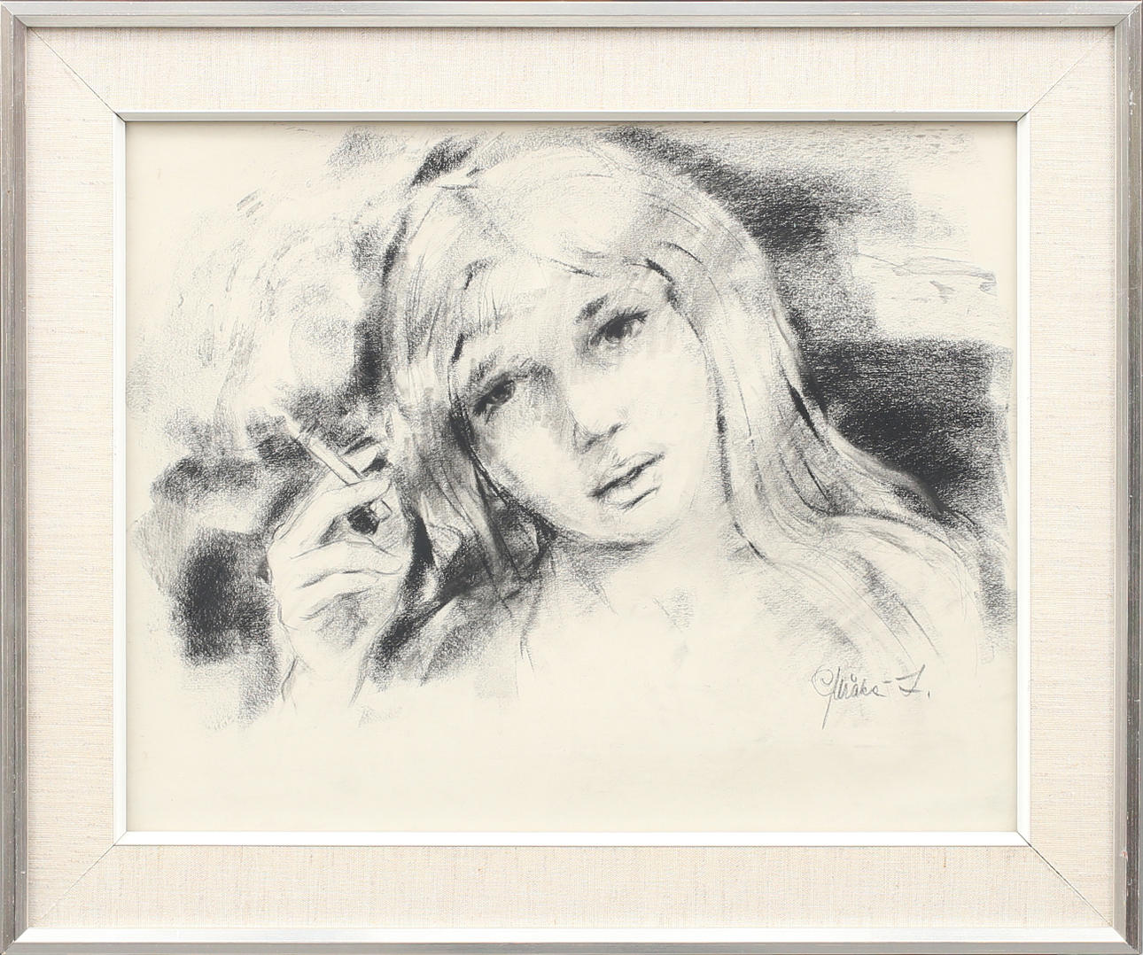 OIDENTIFIERAD KONSTNÄR. Kol och blyerts på papper, porträtt av ung kvinna. Bär signatur och datering -71.