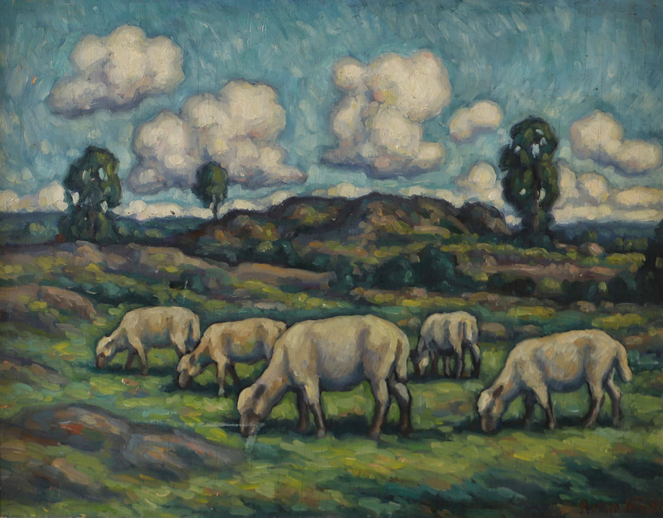 OIDENTIFIERAD KONSTNÄR. Grazing sheep, oil on panel, monogram signed.