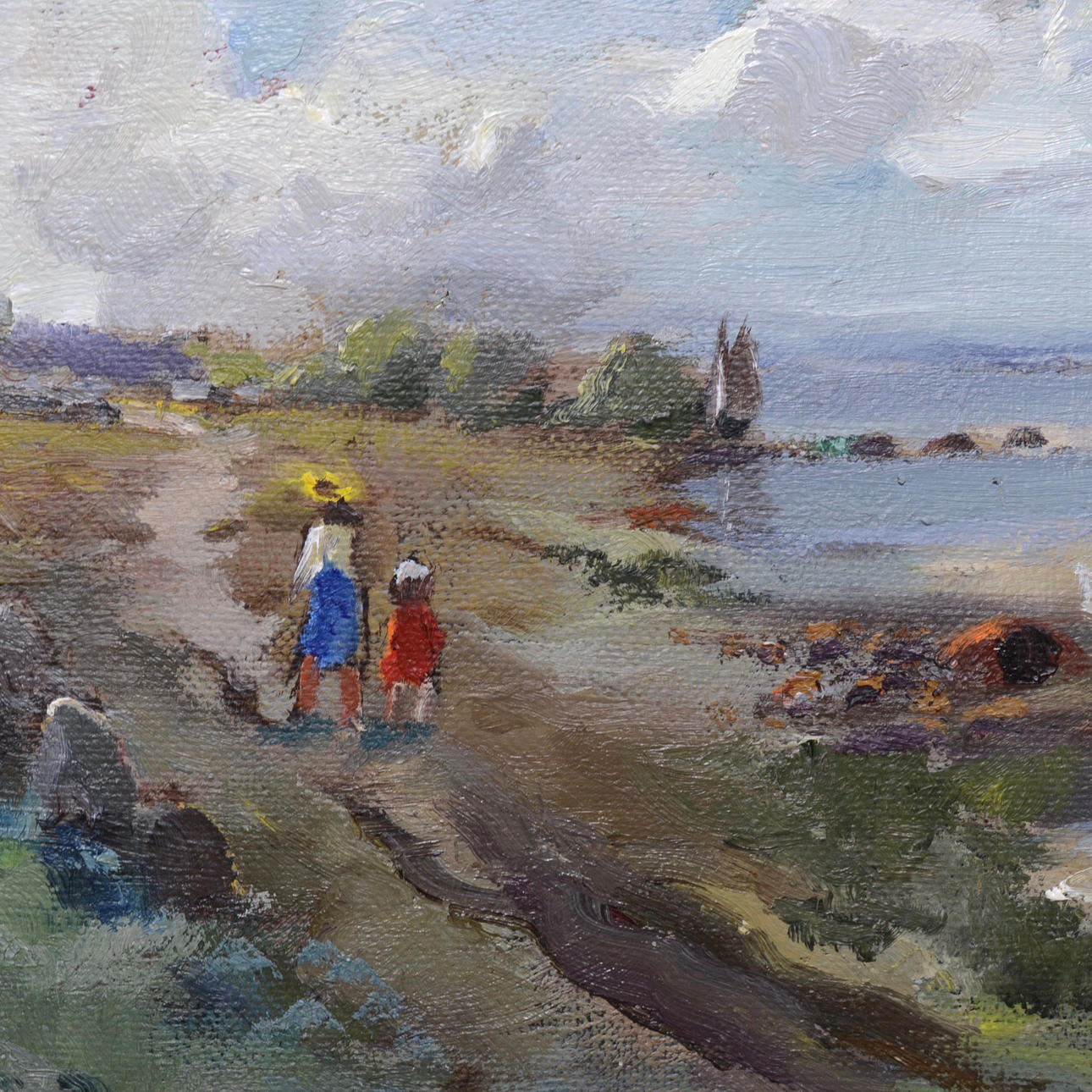 HILDING BOSSLER. Öländskt landskap med figurer och båt.