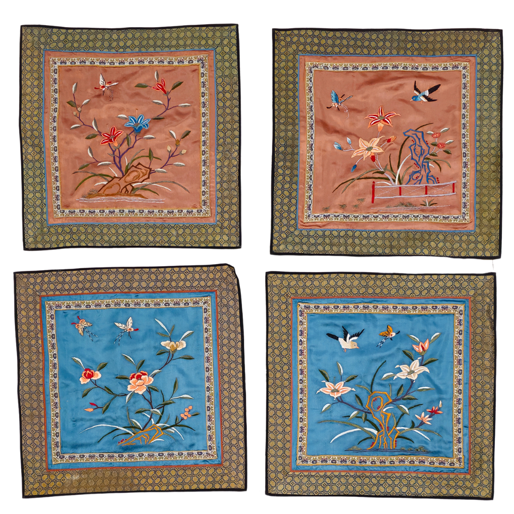 4 SILK CUSHION COVERS WITH ORIENTALIST EMBROIDERY.
