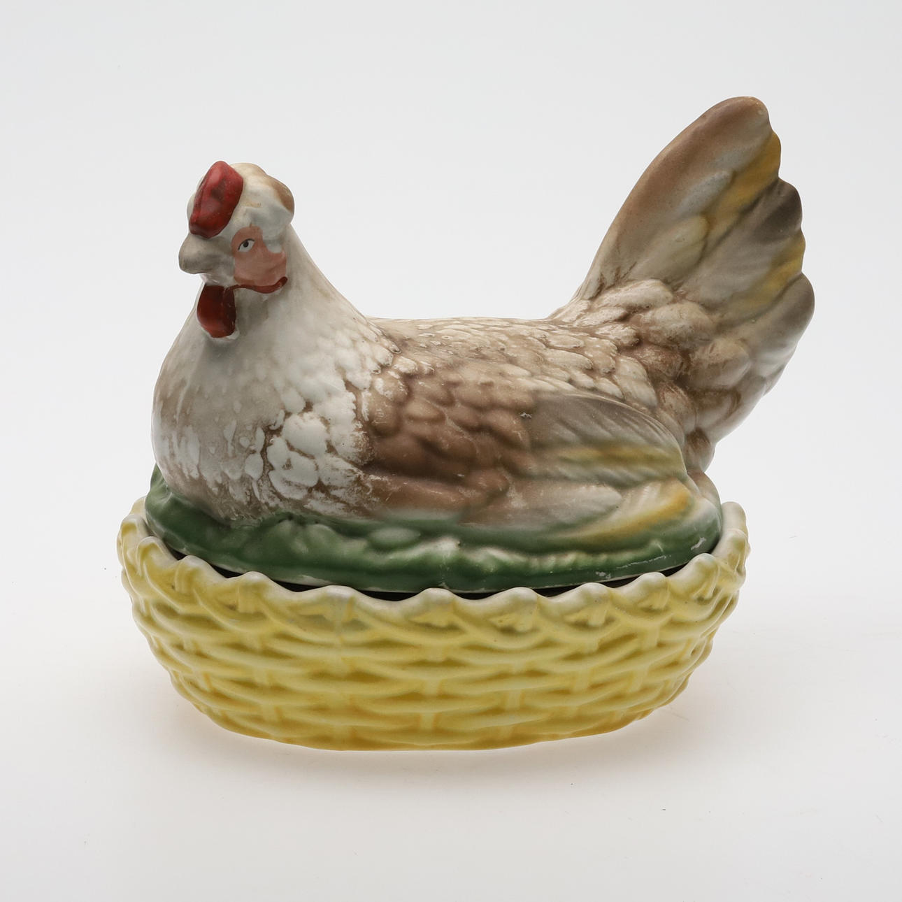 Egg hen, polychrome painted faience, probably early 20th century.