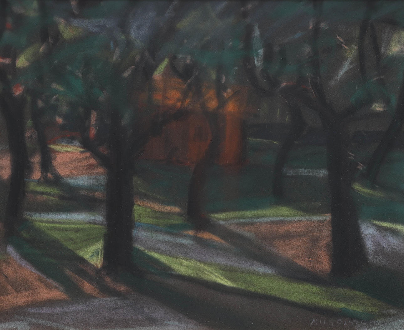 NILS OLSSON. pastel, trees and shadows, signed, dated -56.