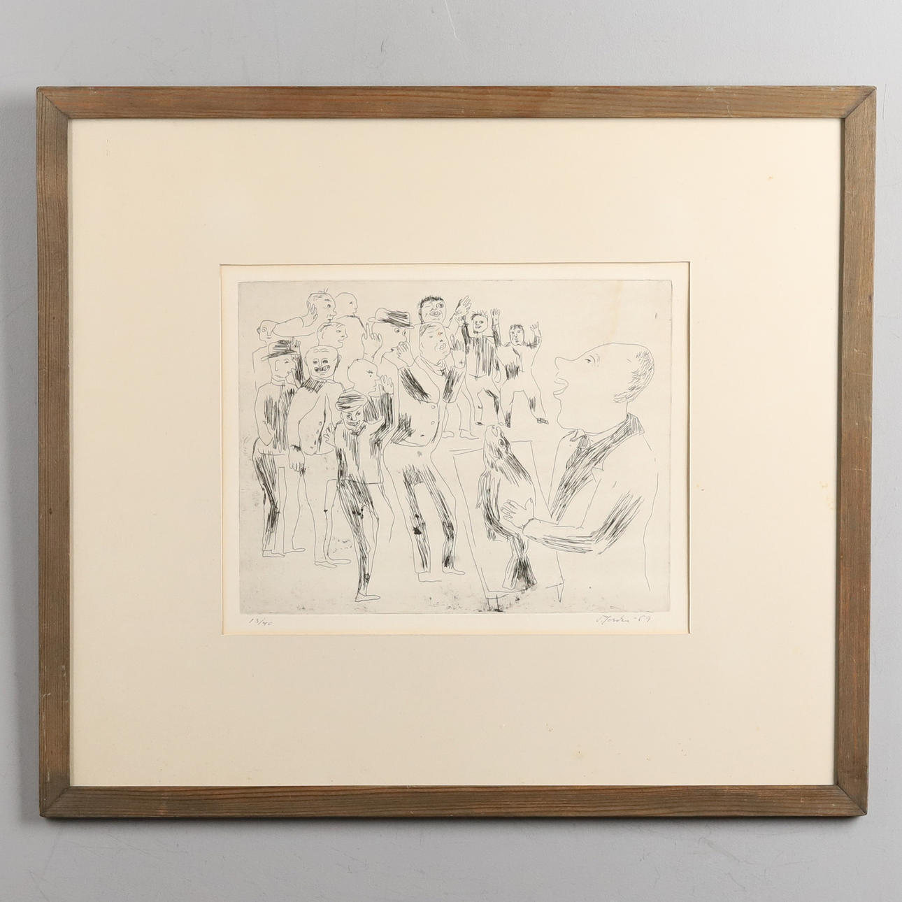 OIDENTIFIERAD KONSTNÄR. ETCHING, “Fish Market”, naivistic, signed “V. Jordan”, dated -59.