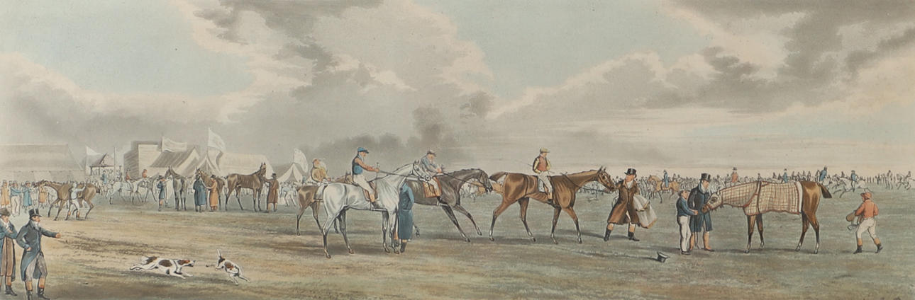 THOMAS SUTHERLAND. “Ascot Heath, Preparing to Start”, hand-coloured etching, 19th century.