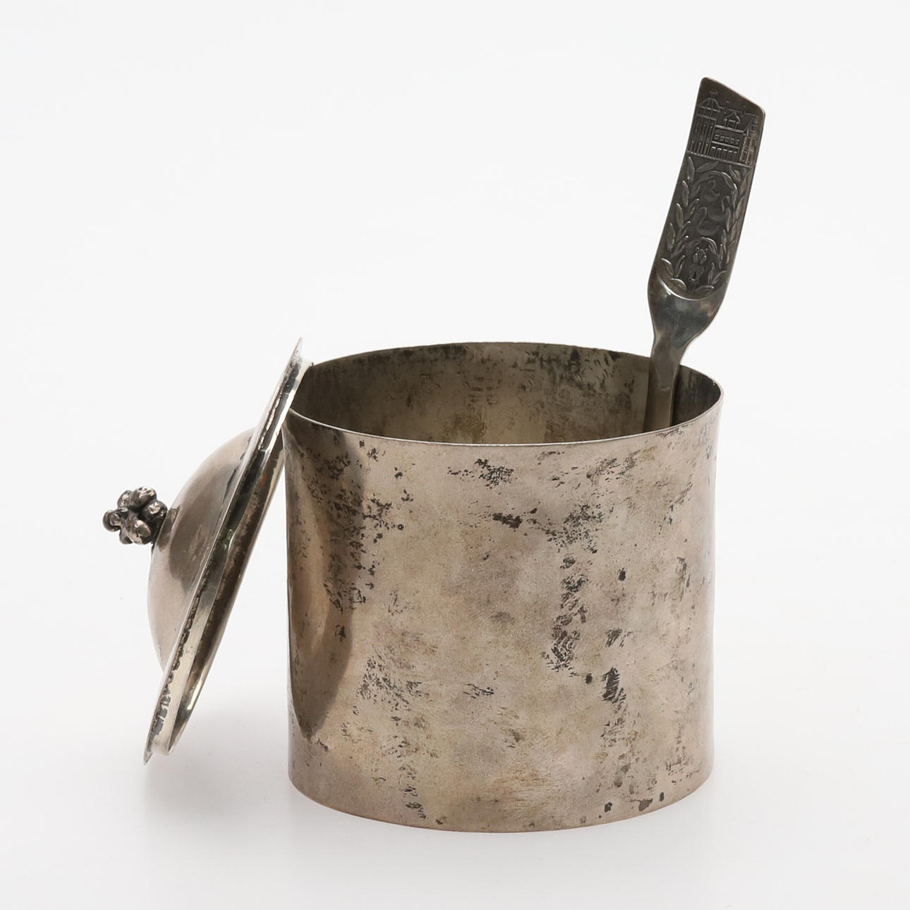 Jar with lid & spoon, silver, 175 grams.