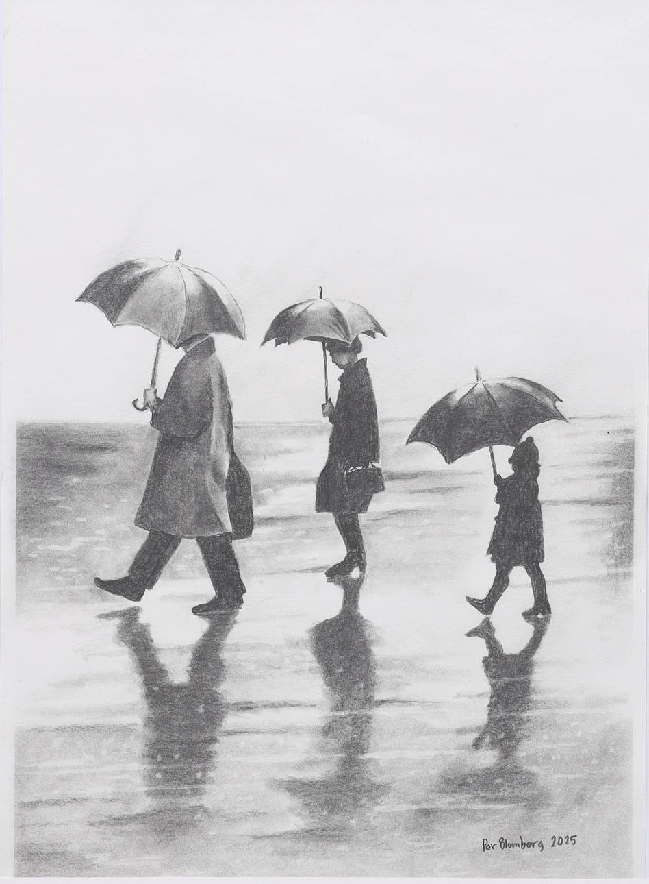 PER BLOMBERG. drawing, walk with umbrellas, signed, dated 2025.