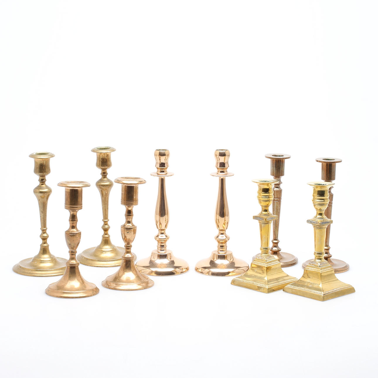 PARTI LJUSSTAKAR, 5 par mässing, koppar och malm, 1900-tal.