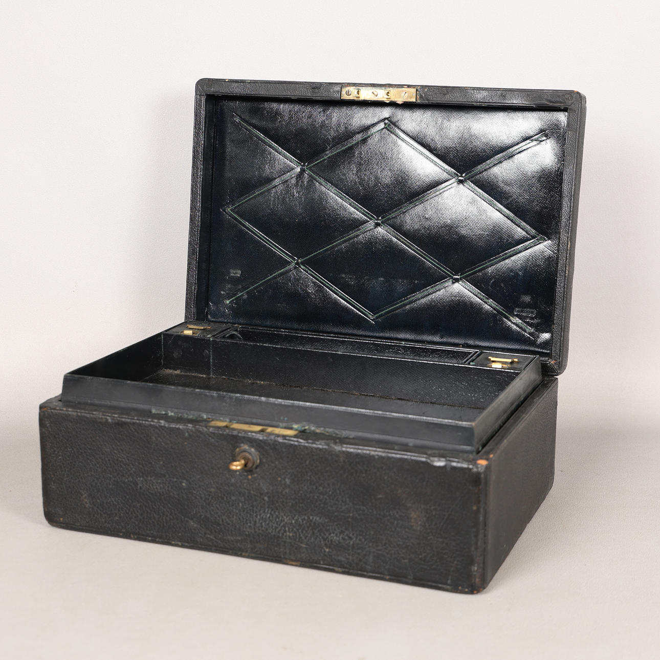 A VICTORIAN BLACK LEATHER-CLAD WRITING BOX.